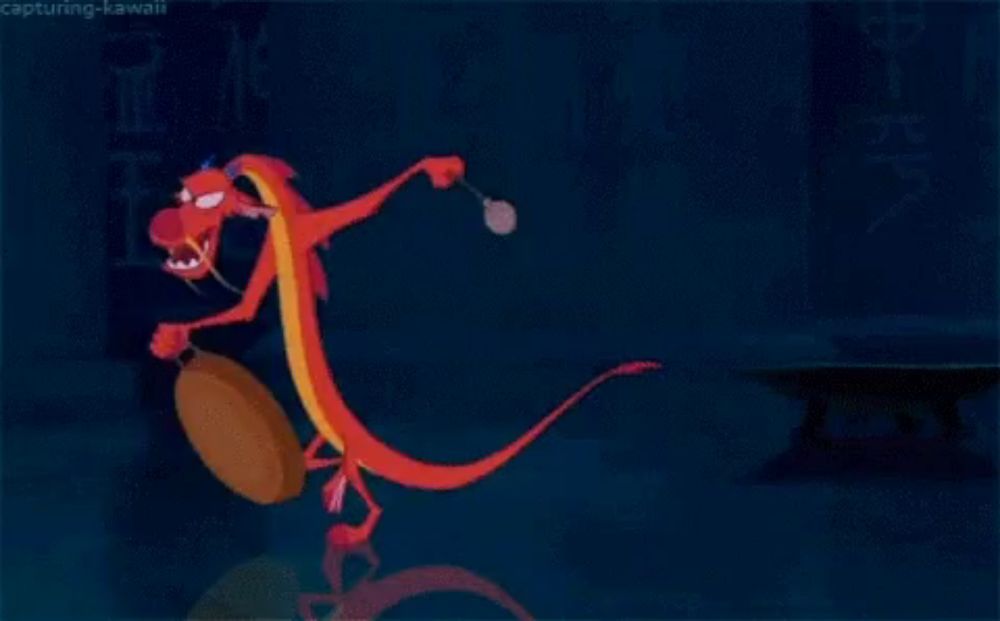 a cartoon dragon from mulan is holding a drum in his mouth .