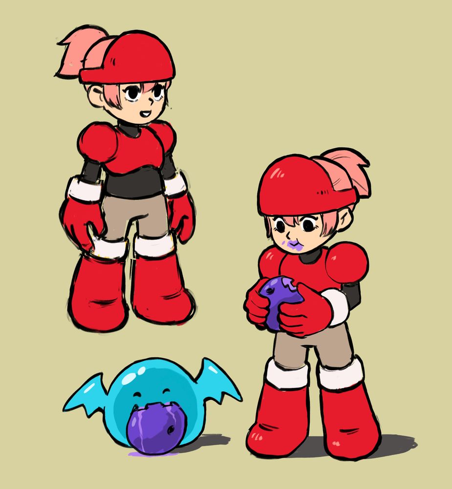 Concept art of Puchi Hero and Blobat. On the left is Puchi Hero, a girl with pink hair wearing lightweight red armor, in a neutral standing pose facing right. On the right is a drawing of Puchi Hero holding a giant blueberry with some bites taken out of it. Blueberry juice covers her mouth. Next to her on the ground is Blobat, a blue bloblike bat, its fangs poking into a giant blueberry and juice leaking onto the ground.
