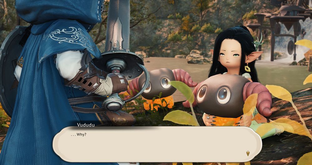A screenshot of FFXIV OCs Vududu Vudu and Nazyl Tharazyl in the middle of the Shroud. Nazyl is staring down at Vudu in fear, and Vudu is holding a friendly(???) Yan in her lap while another looms behind her. She looks utterly perplexed, if not a little annoyed, by Nazyl's apparent concern.

Vudu: ". . . Why?"

Naz: "V-Vudu . . . Vudu, what are you doing?? Dont' touch . . . that thing . . ."