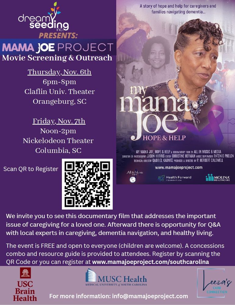 This image is a flyer for My Mama Joe: Hope and Help screenings in South Carolina. We invite users to join us for the screening in Columbia, SC, on Friday, November 7, at 12:00 p.m., at the Nickelodeon Theater on Main Street in Columbia, South Carolina.