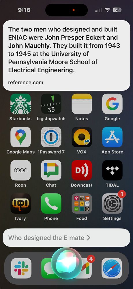 iOS screenshot with a Siri prompt and response. The response does not match the question at all.

I asked who designed the eMate, and Siri transcribed it correctly (although as E mate), but came back with a response about the ENIAC computer. 
