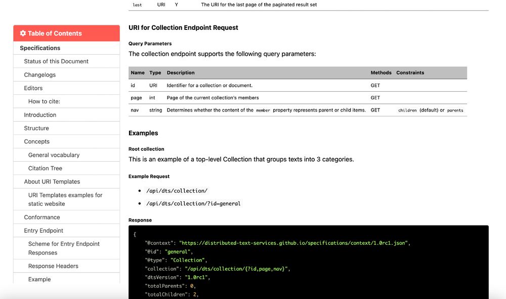 copie d'écran de la page web des spécifications de l'API DTS