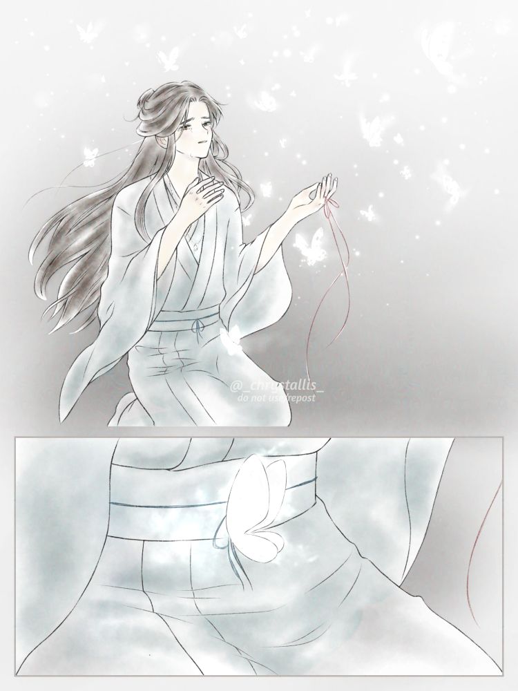 As Hua Cheng fades, a lone silver butterfly gives a last kiss to Xie Lian emphasizing the lst remaining light inside his body: the gift from his most devoted believer.