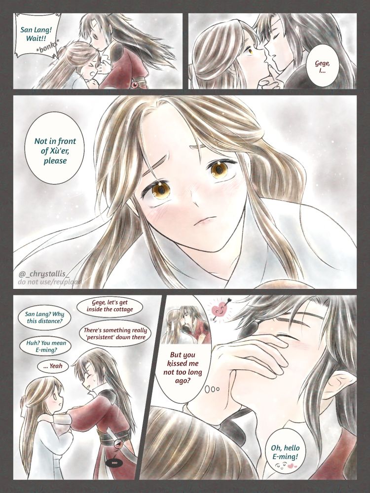 Hua Cheng tries to kiss Xie Lian after his proposal, but Xie Lian says, "Not in front of Xù'er." (The baby's name is Hua Xù 🩷) and it makes Hua Cheng feels something 🫣 