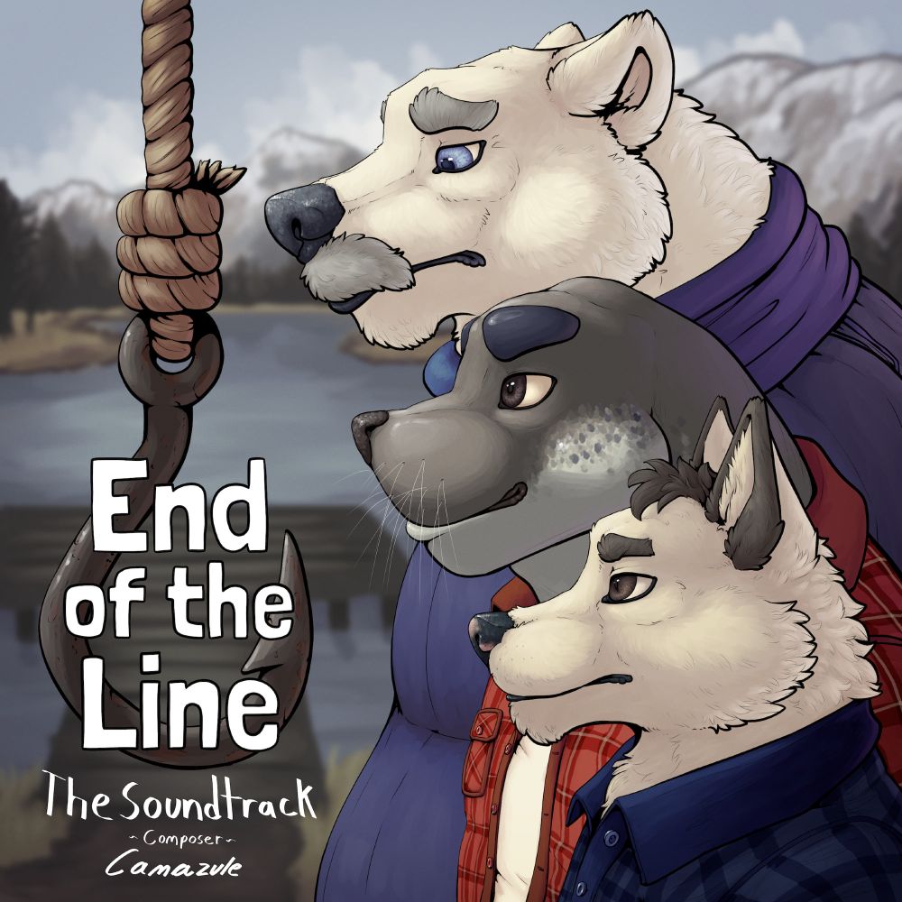 Front to back, standing in a row on the right side of the image: A polar bear man in a blue turtle neck, with bright blue eyes a grey moustache and a wrinkled sad expression; a grey leopard seal in a red plaid shirt and white undershirt, with brown eyes a happy expression and thin little whiskers; an arctic fox wearing a blue plaid shirt with a grey tuft of hair on his head, grey marks on his ears and pink patches on his nose.  All of them face the left side of the image where a hook hangs from some rope over a blurry background of a wooden dock, a lake, some trees and distant mountains.  The title on top of the hook reads: "End of the Line" below that is written "The Soundtrack -Composer- Camazule"