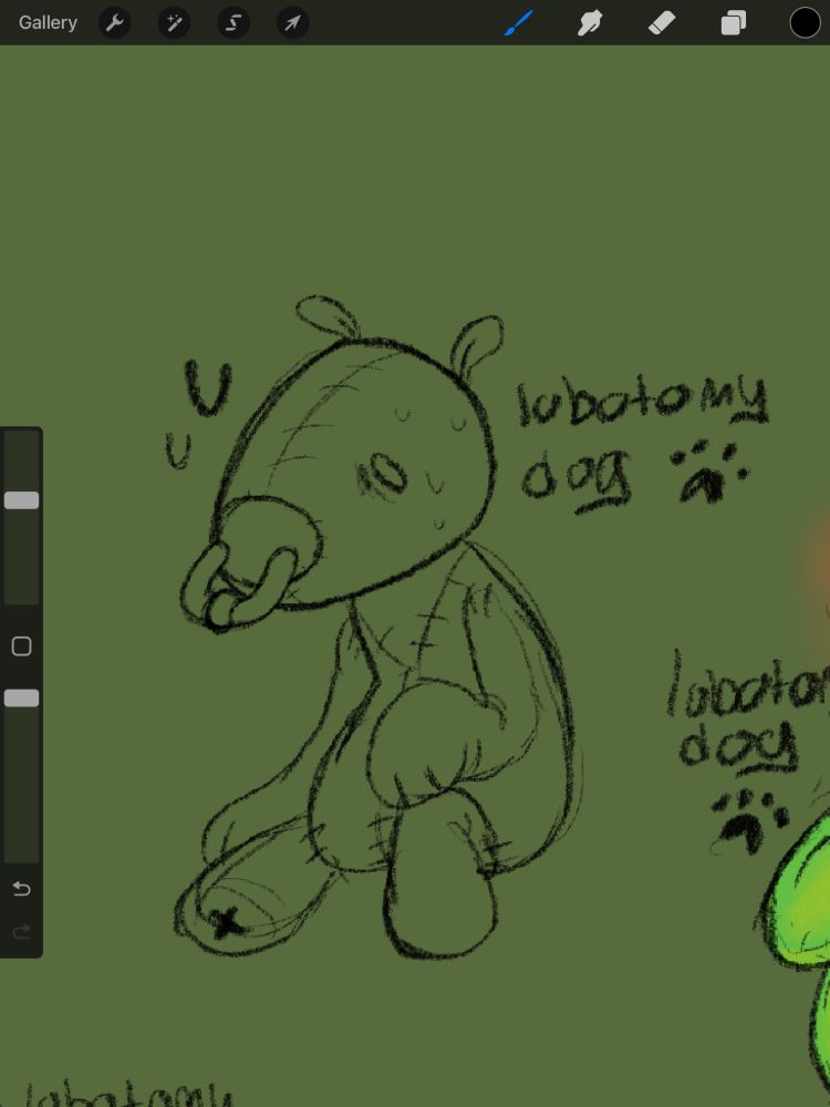 digital drawing, uncolored sketch of a vaguely dog shaped stuffed animal, sitting down, sweaty.