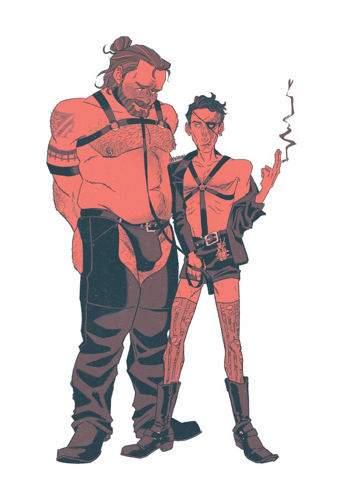a drawing of silco and vander as they appear in 207 dressed in leather fetish gear. their outfits are as follows:
vander: shirtless, bulldog harness, pierced nipples, leather chaps, boots.
silco: heart eyepatch, single barbell earring, o-ring harness, leather jacket, leather miniskirt, belt with poppers bottle hanging from a carabiner, torn thigh-high stockings, leather boots. he's holding a lit cigarette in his left hand. the smoke forms a heart at the end.
pose description: a leashed vander stands with his hands behind his back, blushing sheepishly at silco, who has the end of the leash wrapped around his right hand.