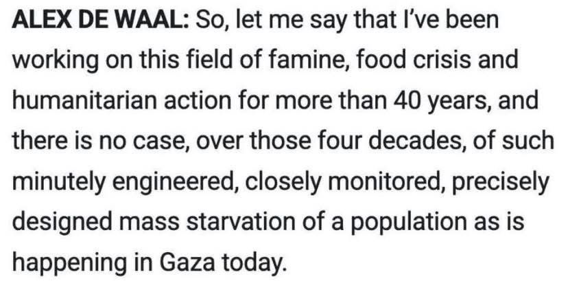 ALEX DE WAAL: So, let me say that I've been working on this field of famine, food crisis and humanitarian action for more than 40 years, and there is no case, over those four decades, of such minutely engineered, closely monitored, precisely designed mass starvation of a population as is happening in Gaza today.