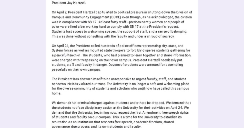 Open Letter: UT Faculty Have No Confidence in President Hartzell