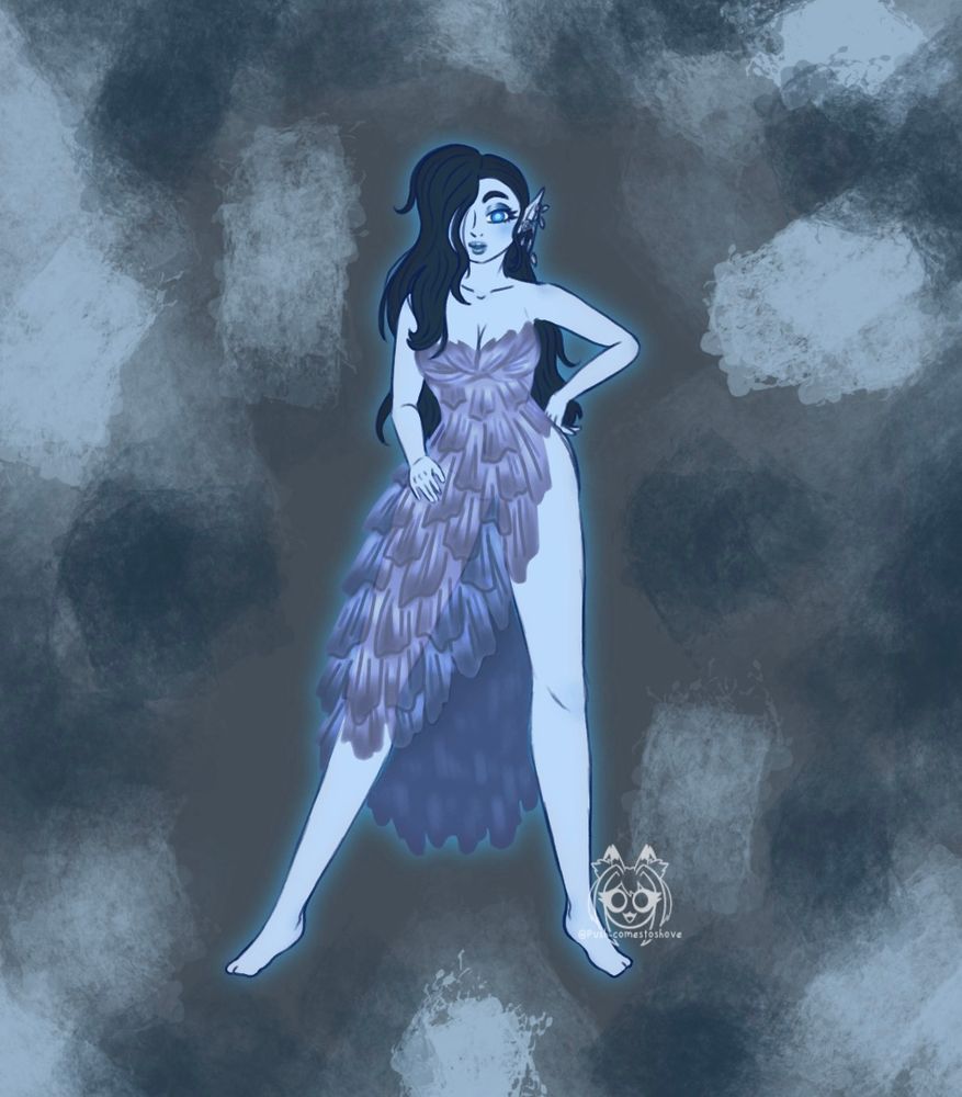 A blue tinted woman with a glowing blue outline around her, wearing a slightly transparent dress that mimics dead flower petals.