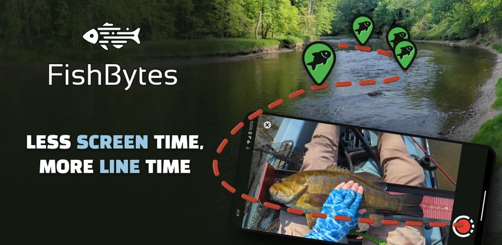 he background features a calm river surrounded by lush green trees, representing the fishing environment. Overlaid on the background is a smartphone displaying a close-up of a fish being measured on a kayak, emphasizing the app's catch-logging capabilities. Dashed red lines connect fish-shaped location markers on the river, symbolizing the app's ability to track fishing spots. The top-left corner displays the FishBytes logo, a minimalist fish icon, alongside the app name. Below it, the tagline "LESS SCREEN TIME, MORE LINE TIME" highlights the app's goal of minimizing distractions while fishing, with key words in bold colors to grab attention.