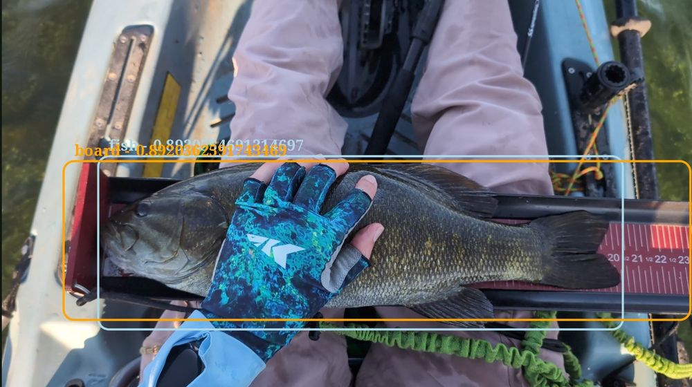 A 20 inch smallmouth bass. A person in a kayak is measuring a fish using a ruler-style measuring board. The person's gloved hand, wearing blue patterned gloves, is holding the fish in place. The scene is outdoors, and the kayak, fishing gear, and water are visible in the background. Two bounding boxes with labels "board" and "fish" overlay the image, seemingly marking the objects detected in the photo.
