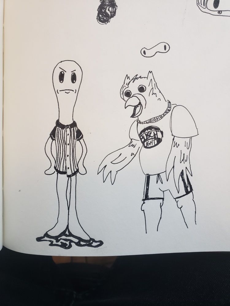 visk, a fluid blobby humanoid, stares petulantly at thr viewer from the notebook page where they are drawn, fully winnie the poohing it in a striped referee shirt, hands (pseudo-pods?) on their hips. doodoo the owl stands good-naturedly off to the side, wearing a busch light tee and a tight pair of basketball shorts over his human legs