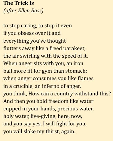 The Trick Is
(after Ellen Bass)

to stop caring, to stop it even
if you obsess over it and
everything you've thought
flutters away like a freed parakeet,
the air swirling with the speed of it.
When anger sits with you, an iron
ball more fit for gym than stomach;
when anger consumes you like flames
in a crucible, an inferno of anger,
you think, How can a country withstand this?
And then you hold freedom like water
cupped in your hands, precious water,
holy water, live-giving, here, now,
and you say yes, I will fight for you, 
you will slake my thirst, again.
