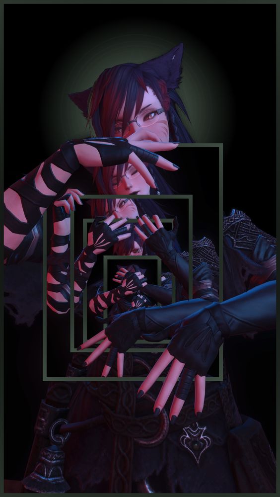 A purple-haired miqo'te wearing glasses and a red corsage on her head. On her body, she wears a tattered robe adorned with various metal charms, and long strappy gloves. She's got her arms wrapped around a rectangular frame in front of her. The frame is acting as a window to other, smaller versions of the same scene - each frame going a layer further, showing the same girl holding it in a different pose each time.