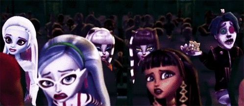 a group of monster high characters are gathered together in a dark room