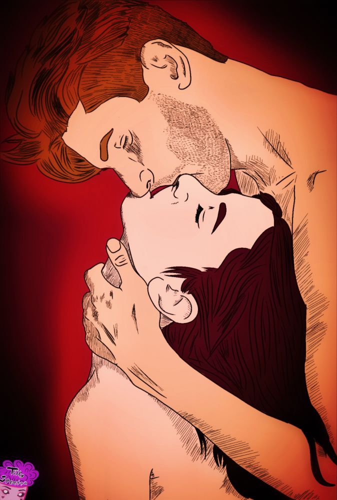 A man kisses a woman from behind while holding her neck.