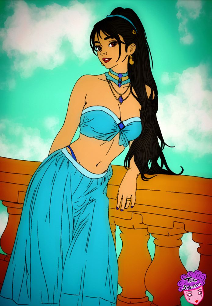 Disney’s Princess Jasmine leans on a railing before a blue sky in her iconic outfit.