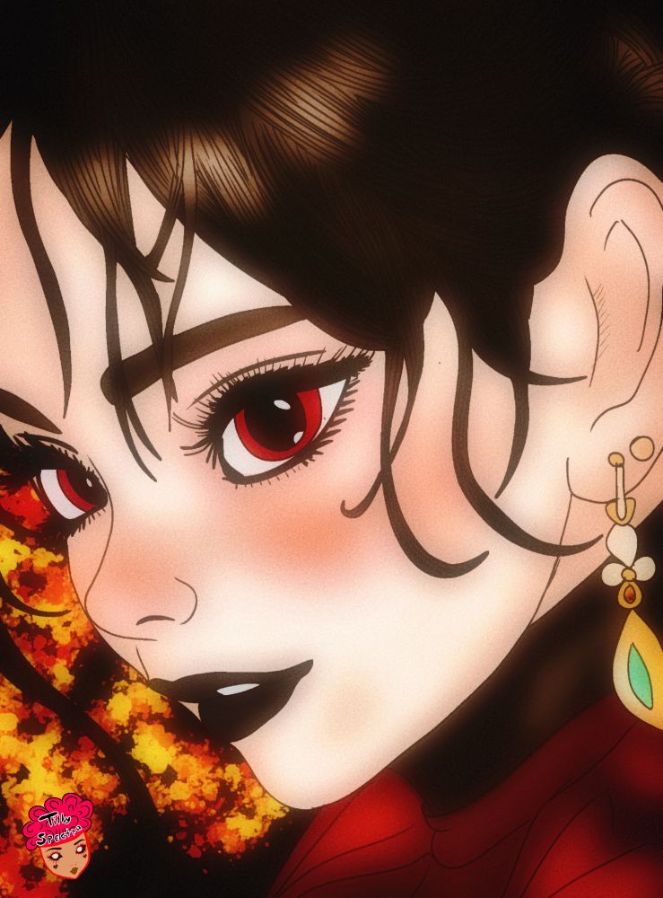  Close up of a woman with red eyes and black lipstick.