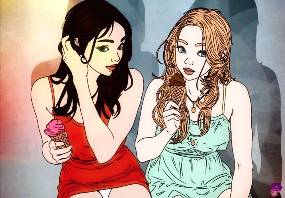 A brunette woman in a revealing red dress fixes her hair while holding a strawberry ice cream. Next to her is a more casual and innocent blonde woman holding a chocolate ice cream while wearing a green sundress. 