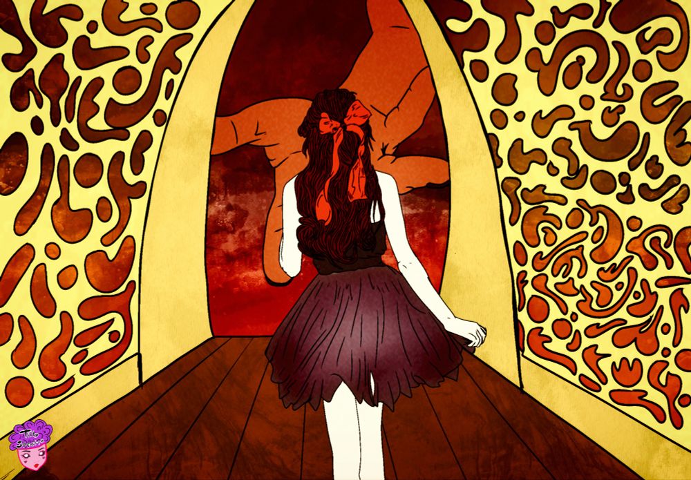 A woman walks through an elaborate hall toward an exit where a giant red hand and fiery red background awaits. 