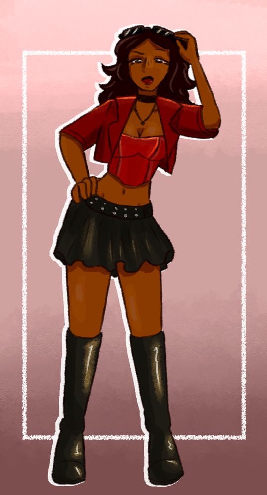 A drawing of a woman in a short red leather jacket and a short skirt. She is posing with her hand on her hip and the other hand lifting sunglasses onto her head. She looks displeased.