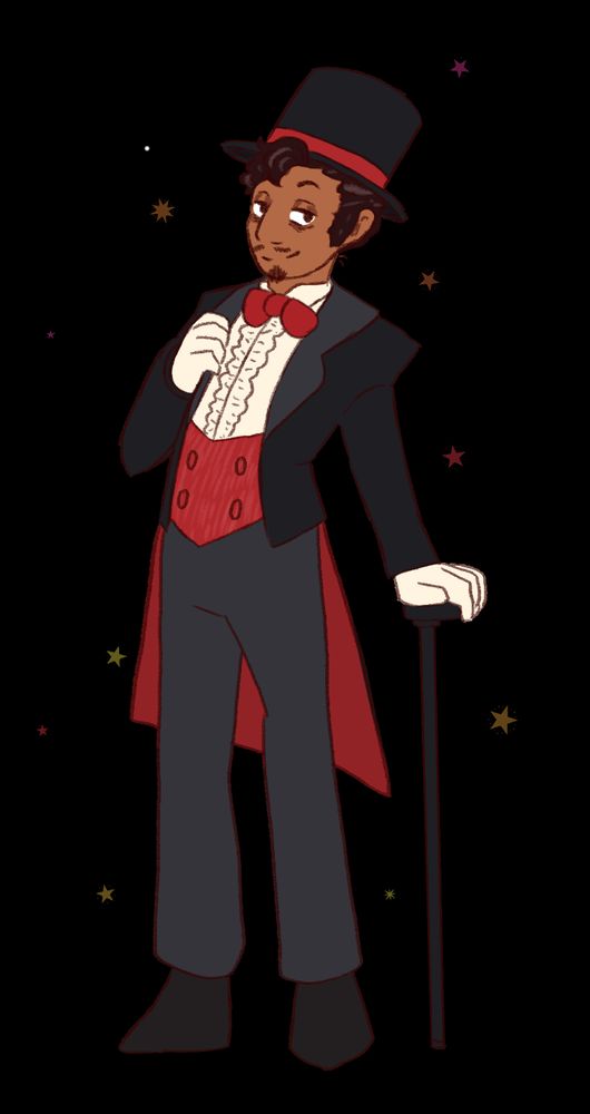A drawing of a person in a fancy magician style suit. They have a top hat, cane and are smiling at the camera.