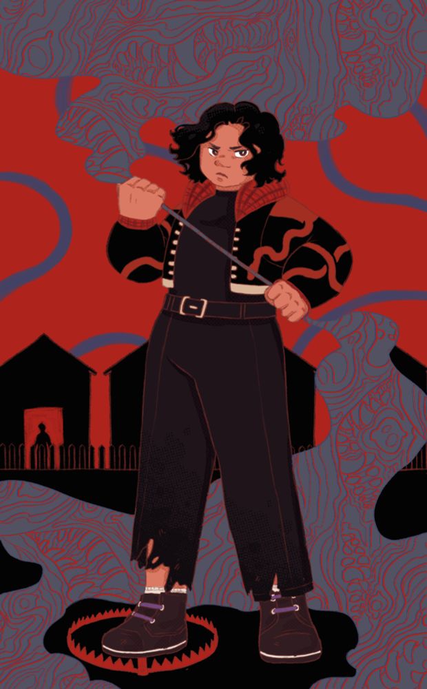 A drawing of Tessa holding smoke tighting between her fists. The smoke is filled with swirling red lines of eyes and teeth. Her foot is in an open beartrap and someone stands silhouetted in a house behind her.