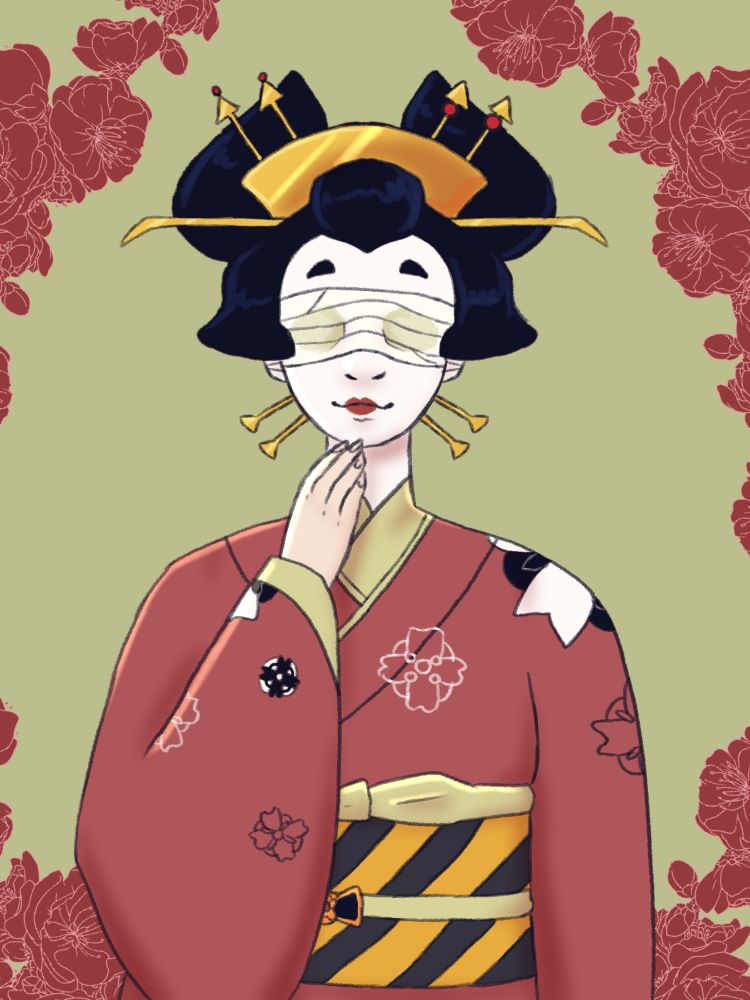 A drawing of a woman in a kimono and with bandages over her eyes. She has gold hair pins and is holding her hand up to her smiling mouth.