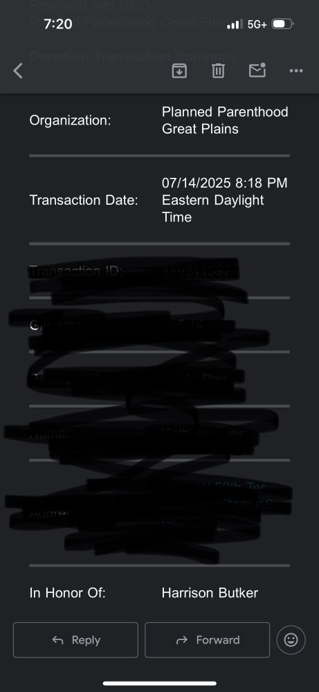 Receipt showing donation to Planned Parenthood with a dedication to Harrison Butker. 