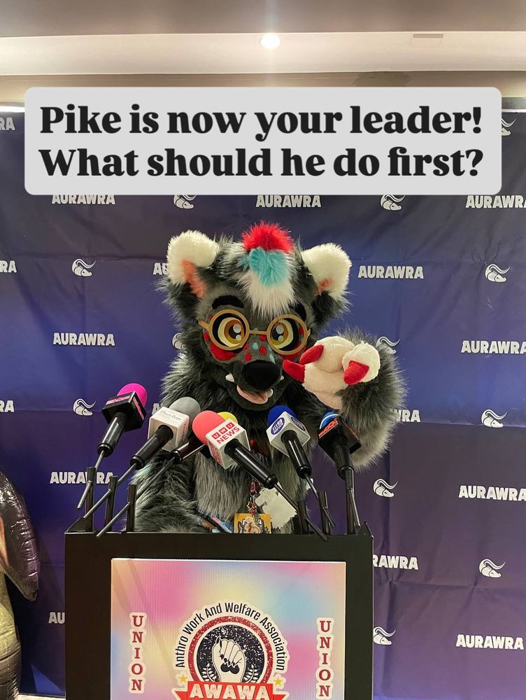 Pike pointing at you from a podium stand with microphones. The prompt up top saying “Pike is now your leader. What should he do first?”