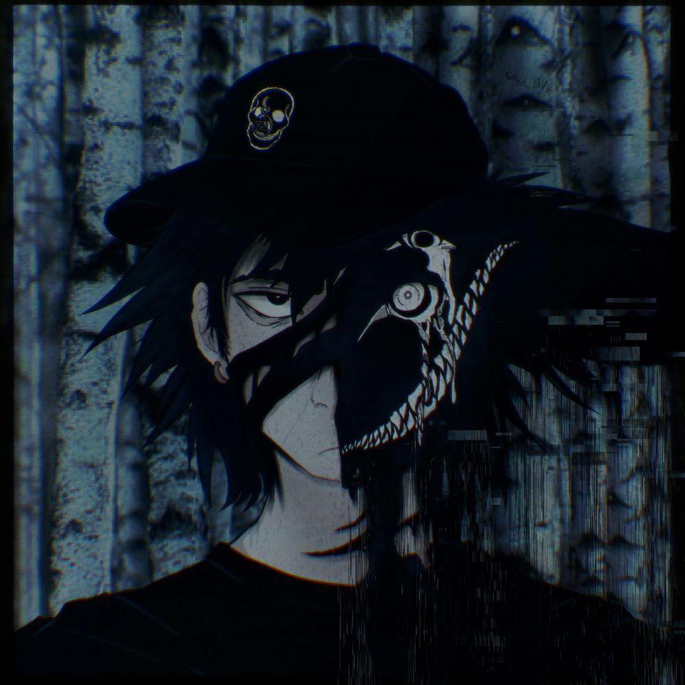 a humanoid figure with part of it's face bleeding into the human part of itself, a sludgelike substance taking over in the form of sentry (two eye'd void cryptid/creature), with teeth extending all the way to the ear and bleeding eyes
the person is wearing a black baseball cap with a skull & pentacle pendant on its hat
the side with sentry is glitching out, implying corruption
