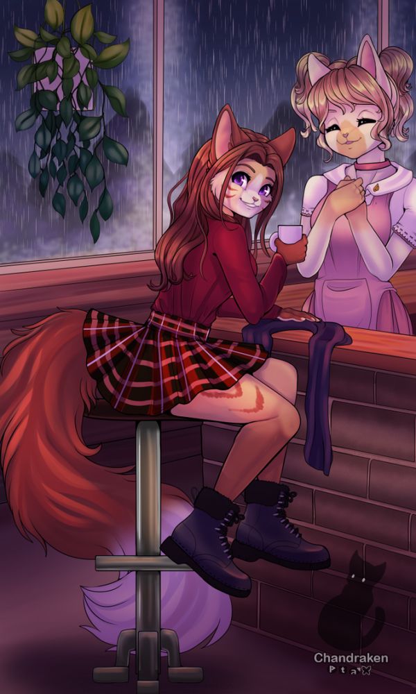 A cafe owner stands happily to the side of her customer enjoying a hot chocolate on a dark, rainy day. The characters are both anthro feline women. 