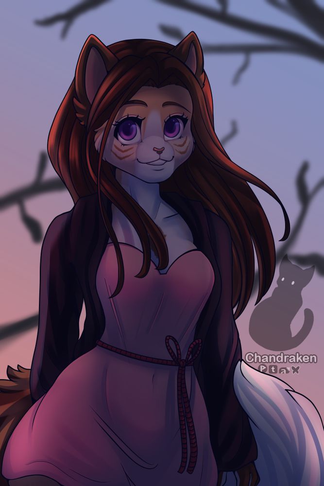 A furry cat woman standing in a wintery sunset looking at the viewer, expectantly
