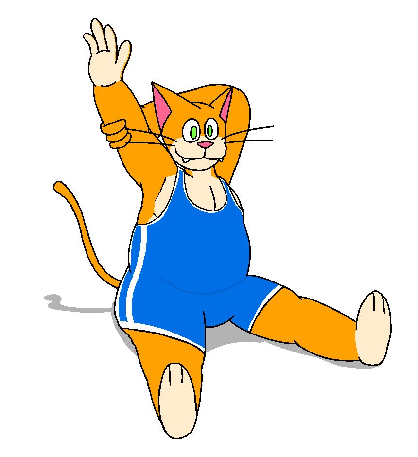 Jamal the wrestler cat, sitting down and stretching