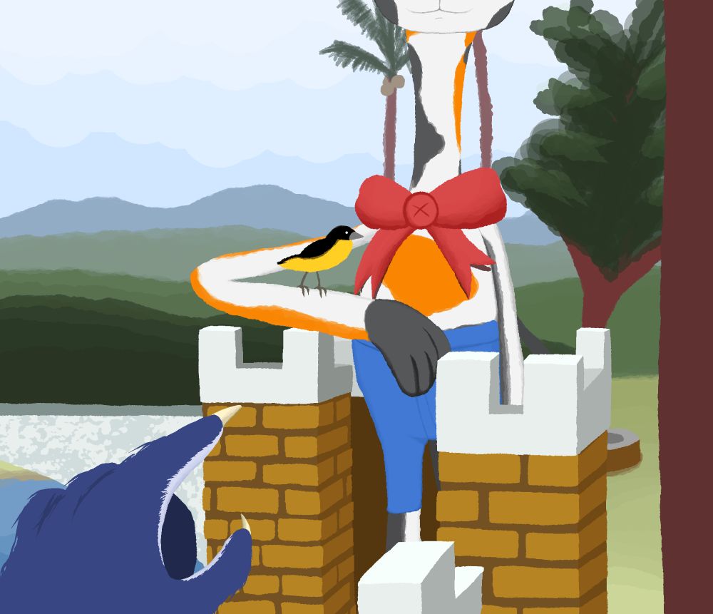 a blue and fuzzy hand with claws (like of a cartoon canine) pointing at a black-and-yellow bird, perched on the right arm of an ambiguously feline creature