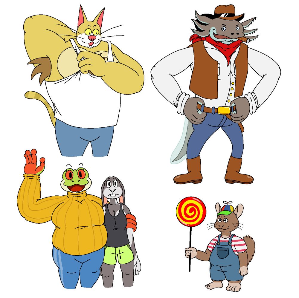 Sketches of: Björn with an arm behind his head, while tugging on his shirt; Quincy dressed like a cowboy, with his hands on his belt; Georgia side hugging Larissa, as the former waves to the viewer; and Mokha dressed like a stereotypical cartoon child, holding an oversized lollipop