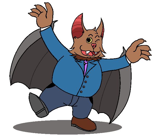 Patrick the bat showing his wings and fangs