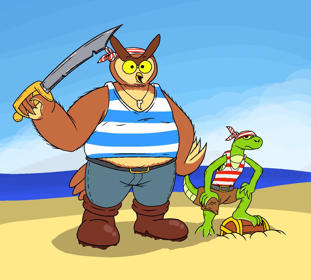 Oliver the owl and Emmanuel the lizard at a beach, dressed up as pirates