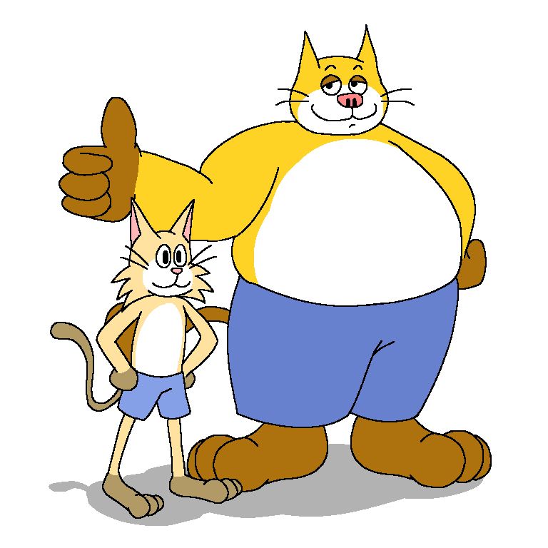 A light yellow cartoon feline next to a bigger yellow cartoon feline. The larger one is giving a thumbs up to the viewer.