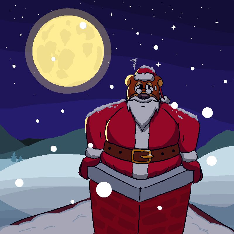 Berkeley the bear, dressed as Santa Claus, stuck on a chimney