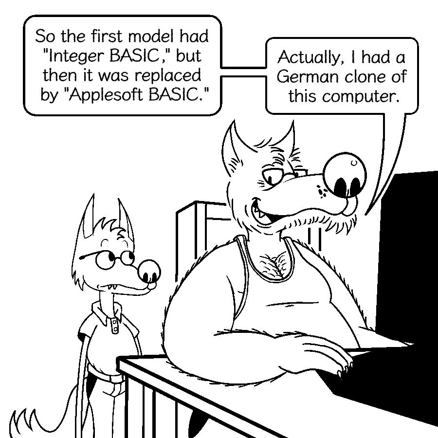 Mr. Wolfram at a desk, using what is presumably a home computer, as he shares a recollection with his son Alfred, who is listening intently. He says:

"So the first model had 'Integer BASIC,' but then it was replaced by 'Applesoft BASIC.' Actually, I had a German clone of this computer."