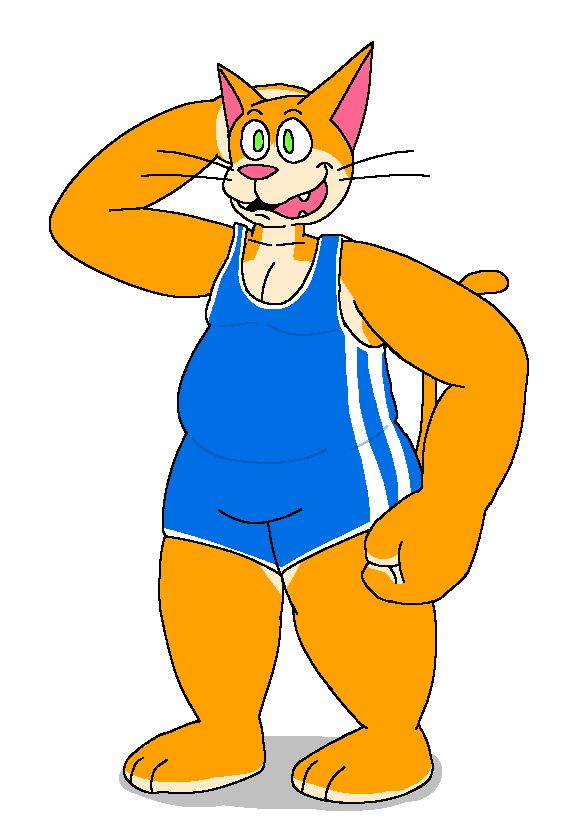 Jamal the wrestler cat, standing, with his right hand behind his head