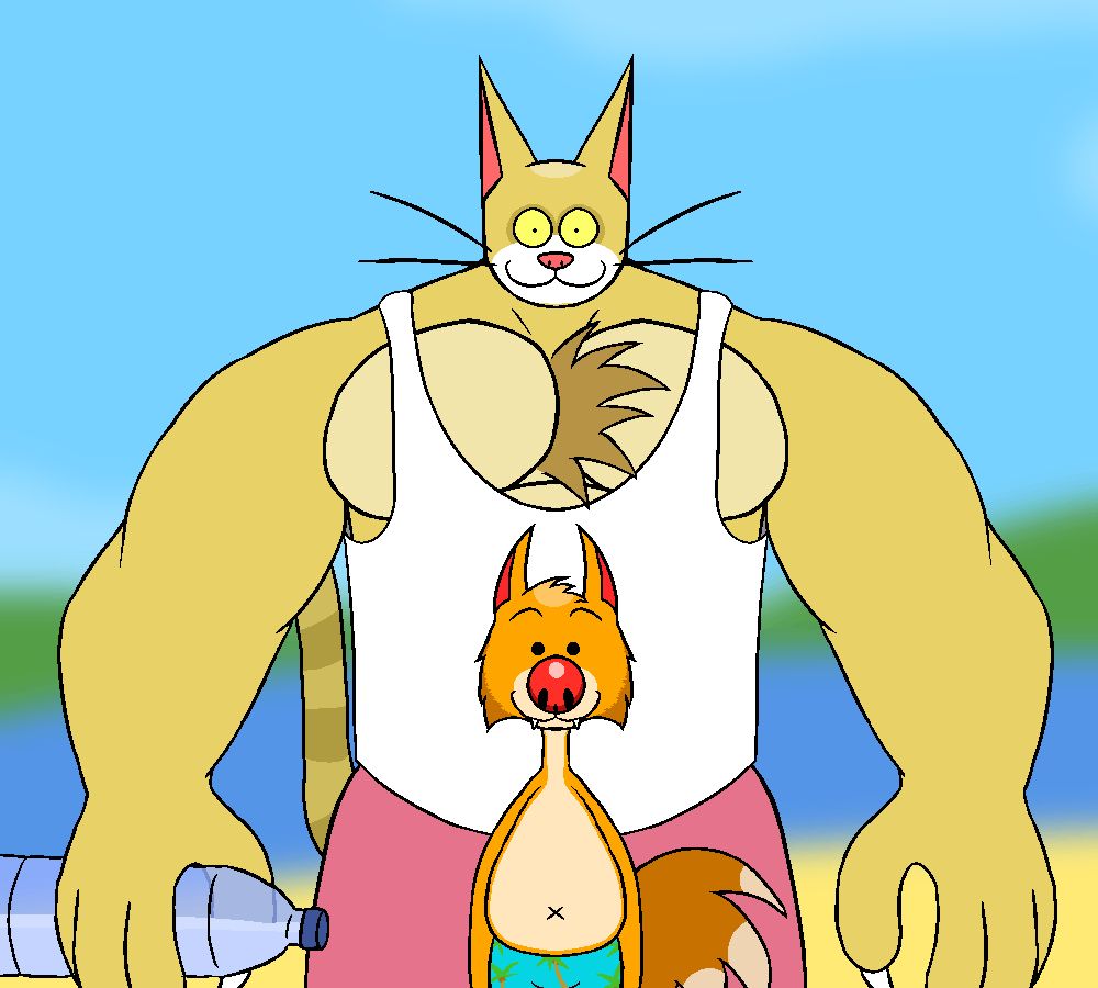 A cartoon canine in front of a much taller and athletic cat, both facing the viewer. The canine is wearing swim trunks and the cat a white tank top and pink shorts. The background is blurry and hard to make out, but it looks tropical.