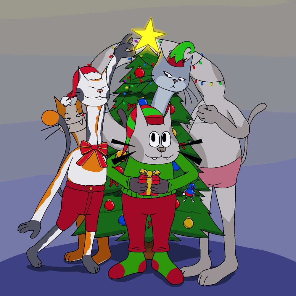 Mallory, Shamit, Dexter, and Pascal around a Christmas tree. Shamit is placing a star on top of it, while Dexter manages the wires of the lights, with some of them around his long neck. Pascal, in front of the tree, is holding a present box, while Mallory is behind the tree.