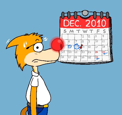 Alfred the wolf with a glowing red nose, looking nervous, and staring at the viewer. He is next to a calendar of December 2010. Days 13 and 14 are circled, and day 14 has a pin on it.