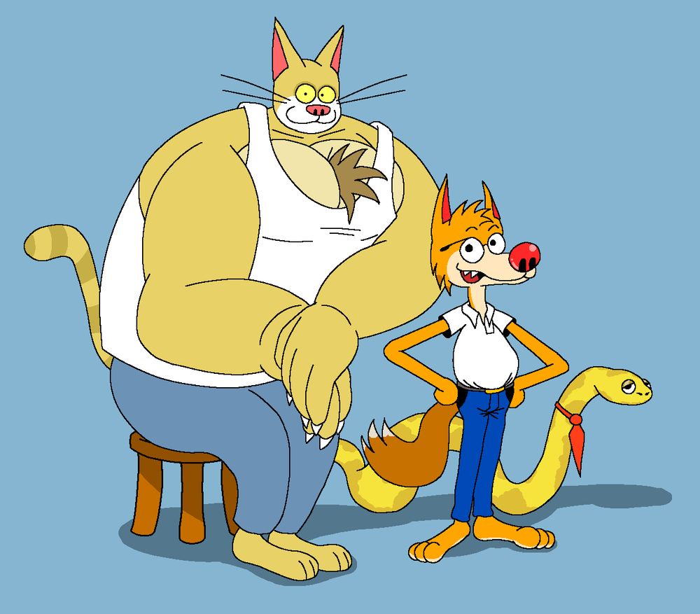 Björn the cat, next to Alfred the wolf and Charlie the snake. Björn is sitting on a wood stool.