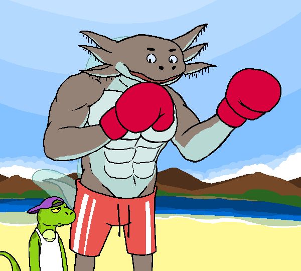 Emmanuel the lizard and Quincy the axolotl on a beach. The latter has shorts and boxing gloves on, but no shirt