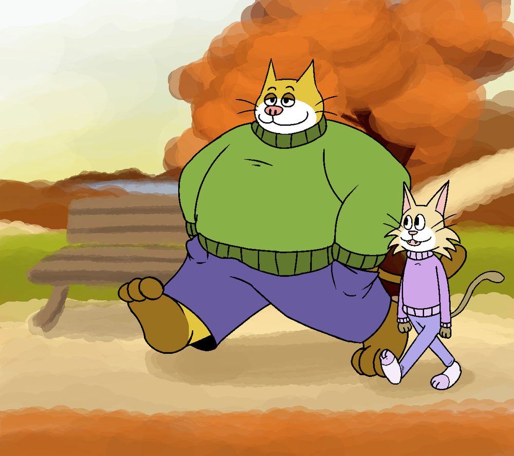 Bartholomew (the fat yellow cat) and Pin (the shorter beige cat) taking a walk in the park. It's autumn and they are both in sweaters.