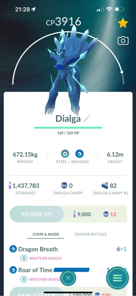 A screenshot from Pokémon Go showing a powered-up Dialga with Roar of Time as a charged move. 